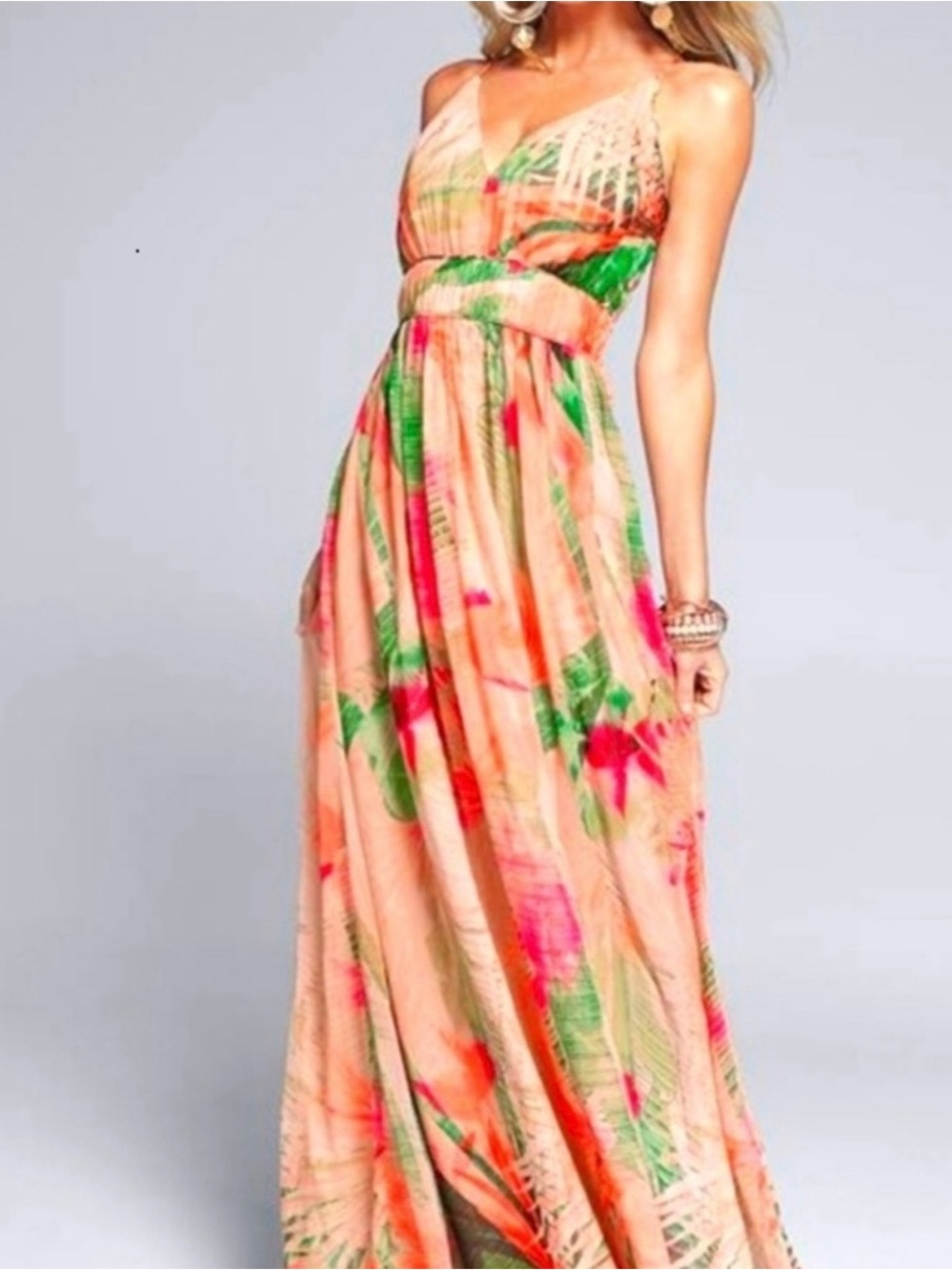 VENUS Peach Maxi Dress with Green & Pink Floral Print